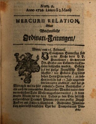 Mercurii Relation, oder wochentliche Ordinari Zeitungen von underschidlichen Orthen (Süddeutsche Presse) Samstag 2. März 1726