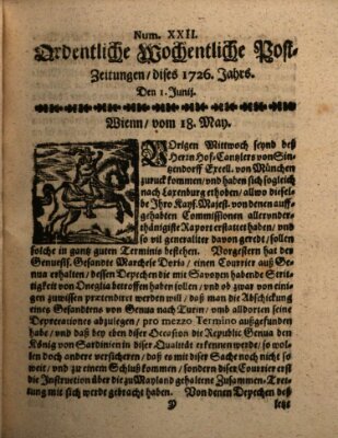 Ordentliche wochentliche Post-Zeitungen Samstag 1. Juni 1726