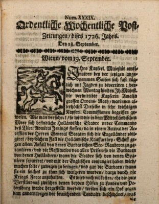 Ordentliche wochentliche Post-Zeitungen Samstag 28. September 1726