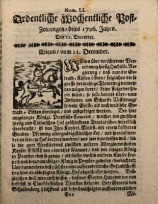 Ordentliche wochentliche Post-Zeitungen Samstag 21. Dezember 1726