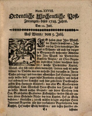 Ordentliche wochentliche Post-Zeitungen Samstag 10. Juli 1728