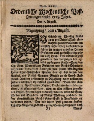 Ordentliche wochentliche Post-Zeitungen Samstag 7. August 1728