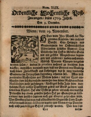 Ordentliche wochentliche Post-Zeitungen Samstag 3. Dezember 1729