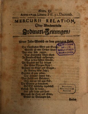 Mercurii Relation, oder wochentliche Ordinari Zeitungen von underschidlichen Orthen (Süddeutsche Presse) Samstag 31. Dezember 1729