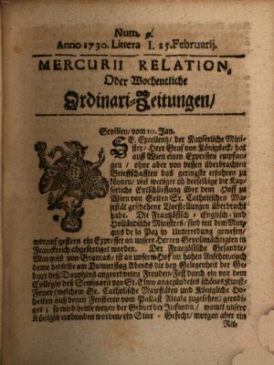 Mercurii Relation, oder wochentliche Ordinari Zeitungen von underschidlichen Orthen (Süddeutsche Presse) Samstag 25. Februar 1730