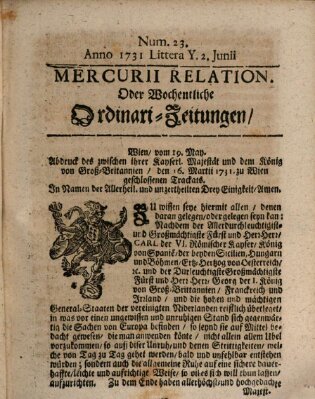 Mercurii Relation, oder wochentliche Ordinari Zeitungen von underschidlichen Orthen (Süddeutsche Presse) Samstag 2. Juni 1731