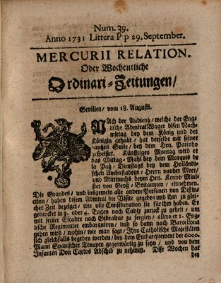 Mercurii Relation, oder wochentliche Ordinari Zeitungen von underschidlichen Orthen (Süddeutsche Presse) Samstag 29. September 1731