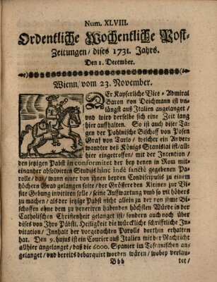 Ordentliche wochentliche Post-Zeitungen Samstag 1. Dezember 1731