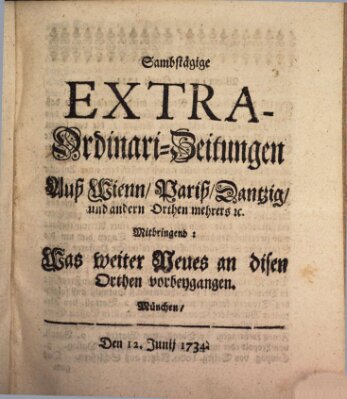 Mercurii Relation, oder wochentliche Ordinari Zeitungen von underschidlichen Orthen (Süddeutsche Presse) Samstag 12. Juni 1734