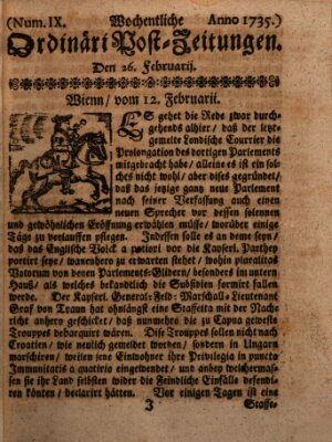 Wochentliche Ordinari Post-Zeitungen (Ordentliche wochentliche Post-Zeitungen) Samstag 26. Februar 1735