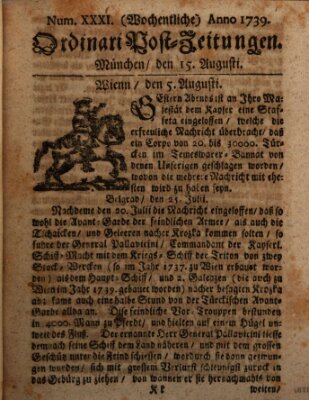 Wochentliche Ordinari Post-Zeitungen (Ordentliche wochentliche Post-Zeitungen) Samstag 15. August 1739