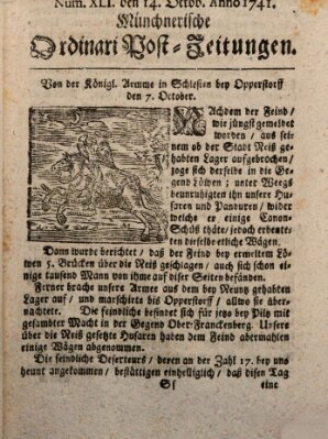 Münchnerische Ordinari Post-Zeitungen (Ordentliche wochentliche Post-Zeitungen) Samstag 14. Oktober 1741
