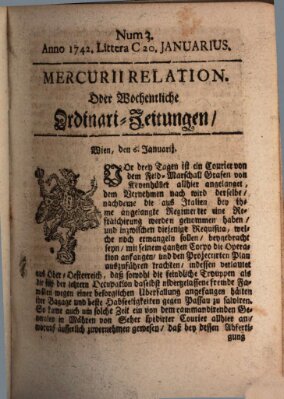 Mercurii Relation, oder wochentliche Ordinari Zeitungen von underschidlichen Orthen (Süddeutsche Presse) Samstag 20. Januar 1742