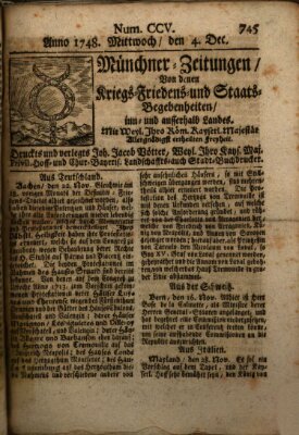 Münchner-Zeitungen, von denen Kriegs-, Friedens- und Staatsbegebenheiten, inn- und ausser Landes (Süddeutsche Presse) Mittwoch 4. Dezember 1748