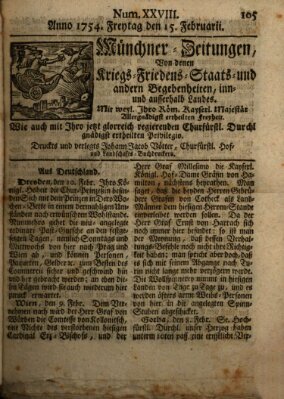 Münchner-Zeitungen, von denen Kriegs-, Friedens- und Staatsbegebenheiten, inn- und ausser Landes (Süddeutsche Presse) Freitag 15. Februar 1754
