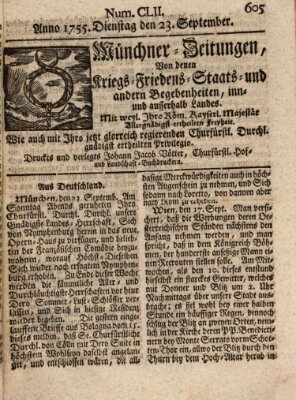 Münchner-Zeitungen, von denen Kriegs-, Friedens- und Staatsbegebenheiten, inn- und ausser Landes (Süddeutsche Presse) Dienstag 23. September 1755