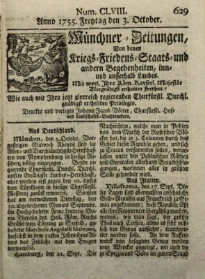Münchner-Zeitungen, von denen Kriegs-, Friedens- und Staatsbegebenheiten, inn- und ausser Landes (Süddeutsche Presse) Freitag 3. Oktober 1755