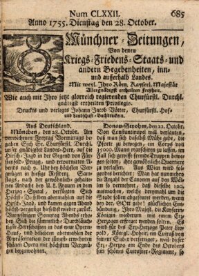 Münchner-Zeitungen, von denen Kriegs-, Friedens- und Staatsbegebenheiten, inn- und ausser Landes (Süddeutsche Presse) Dienstag 28. Oktober 1755