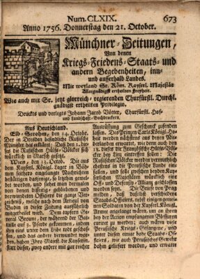 Münchner-Zeitungen, von denen Kriegs-, Friedens- und Staatsbegebenheiten, inn- und ausser Landes (Süddeutsche Presse) Donnerstag 21. Oktober 1756