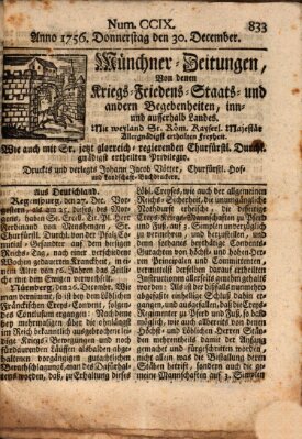 Münchner-Zeitungen, von denen Kriegs-, Friedens- und Staatsbegebenheiten, inn- und ausser Landes (Süddeutsche Presse) Donnerstag 30. Dezember 1756