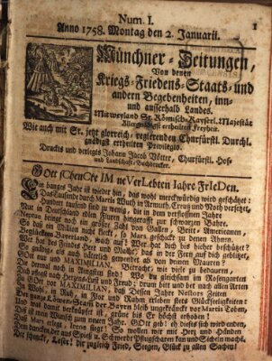 Münchner-Zeitungen, von denen Kriegs-, Friedens- und Staatsbegebenheiten, inn- und ausser Landes (Süddeutsche Presse) Montag 2. Januar 1758