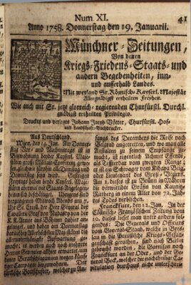 Münchner-Zeitungen, von denen Kriegs-, Friedens- und Staatsbegebenheiten, inn- und ausser Landes (Süddeutsche Presse) Donnerstag 19. Januar 1758