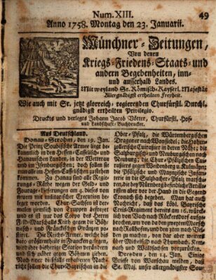 Münchner-Zeitungen, von denen Kriegs-, Friedens- und Staatsbegebenheiten, inn- und ausser Landes (Süddeutsche Presse) Montag 23. Januar 1758