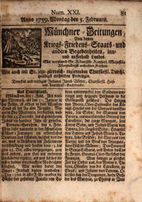 Münchner-Zeitungen, von denen Kriegs-, Friedens- und Staatsbegebenheiten, inn- und ausser Landes (Süddeutsche Presse) Montag 5. Februar 1759