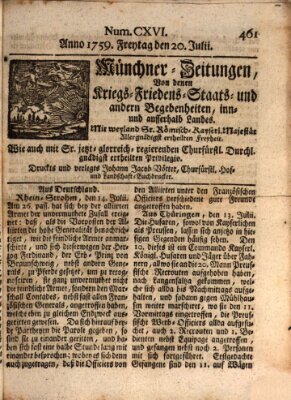 Münchner-Zeitungen, von denen Kriegs-, Friedens- und Staatsbegebenheiten, inn- und ausser Landes (Süddeutsche Presse) Freitag 20. Juli 1759
