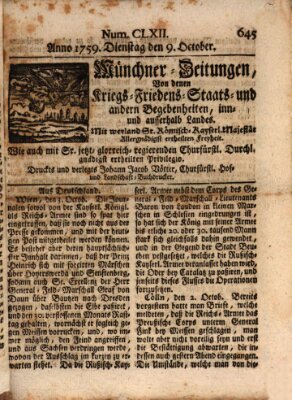 Münchner-Zeitungen, von denen Kriegs-, Friedens- und Staatsbegebenheiten, inn- und ausser Landes (Süddeutsche Presse) Dienstag 9. Oktober 1759
