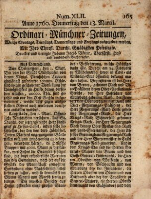 Ordinari-Münchner-Zeitungen (Süddeutsche Presse) Donnerstag 13. März 1760