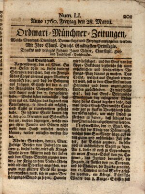 Ordinari-Münchner-Zeitungen (Süddeutsche Presse) Freitag 28. März 1760