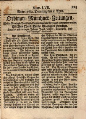 Ordinari-Münchner-Zeitungen (Süddeutsche Presse) Dienstag 8. April 1760