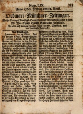 Ordinari-Münchner-Zeitungen (Süddeutsche Presse) Freitag 11. April 1760