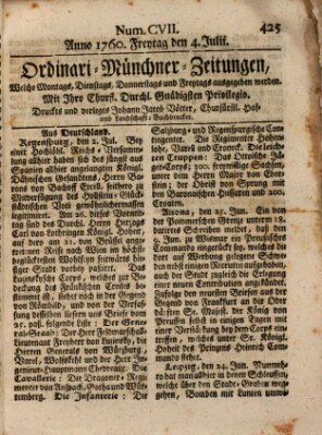 Ordinari-Münchner-Zeitungen (Süddeutsche Presse) Freitag 4. Juli 1760