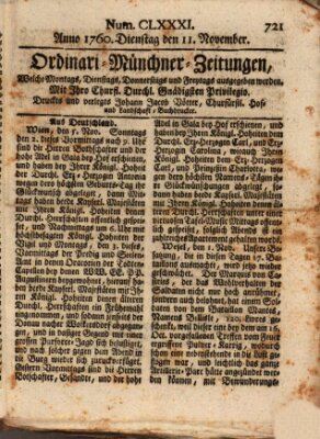 Ordinari-Münchner-Zeitungen (Süddeutsche Presse) Dienstag 11. November 1760