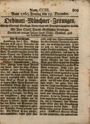 Ordinari-Münchner-Zeitungen (Süddeutsche Presse) Freitag 19. Dezember 1760