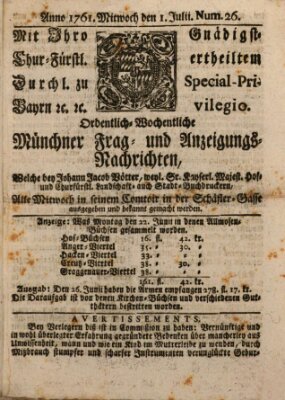 Ordinari-Münchner-Zeitungen (Süddeutsche Presse) Mittwoch 1. Juli 1761