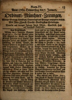 Ordinari-Münchner-Zeitungen (Süddeutsche Presse) Donnerstag 7. Januar 1762