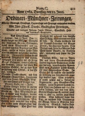 Ordinari-Münchner-Zeitungen (Süddeutsche Presse) Dienstag 22. Juni 1762
