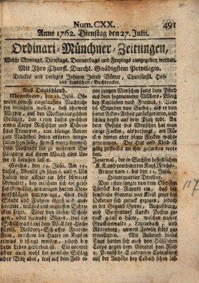 Ordinari-Münchner-Zeitungen (Süddeutsche Presse) Dienstag 27. Juli 1762
