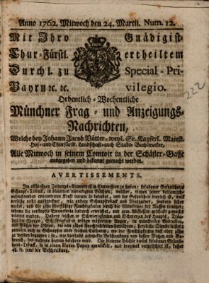 Ordinari-Münchner-Zeitungen (Süddeutsche Presse) Mittwoch 24. März 1762