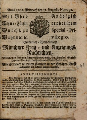 Ordinari-Münchner-Zeitungen (Süddeutsche Presse) Mittwoch 11. August 1762