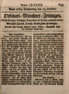 Ordinari-Münchner-Zeitungen (Süddeutsche Presse) Donnerstag 13. Oktober 1763
