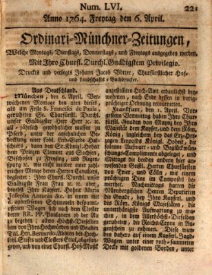 Ordinari-Münchner-Zeitungen (Süddeutsche Presse) Freitag 6. April 1764