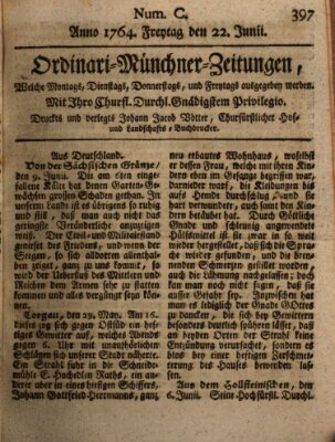 Ordinari-Münchner-Zeitungen (Süddeutsche Presse) Freitag 22. Juni 1764