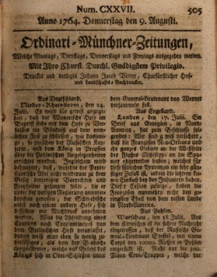 Ordinari-Münchner-Zeitungen (Süddeutsche Presse) Donnerstag 9. August 1764