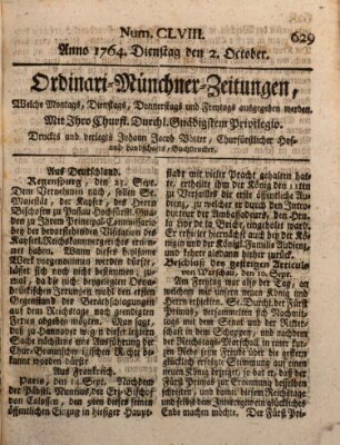 Ordinari-Münchner-Zeitungen (Süddeutsche Presse) Dienstag 2. Oktober 1764