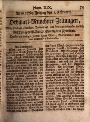 Ordinari-Münchner-Zeitungen (Süddeutsche Presse) Freitag 1. Februar 1765