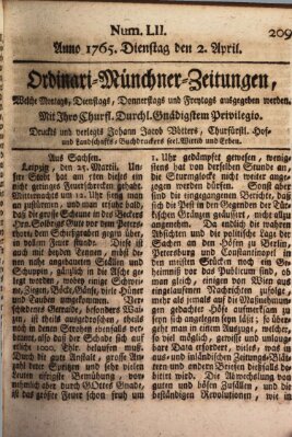 Ordinari-Münchner-Zeitungen (Süddeutsche Presse) Dienstag 2. April 1765